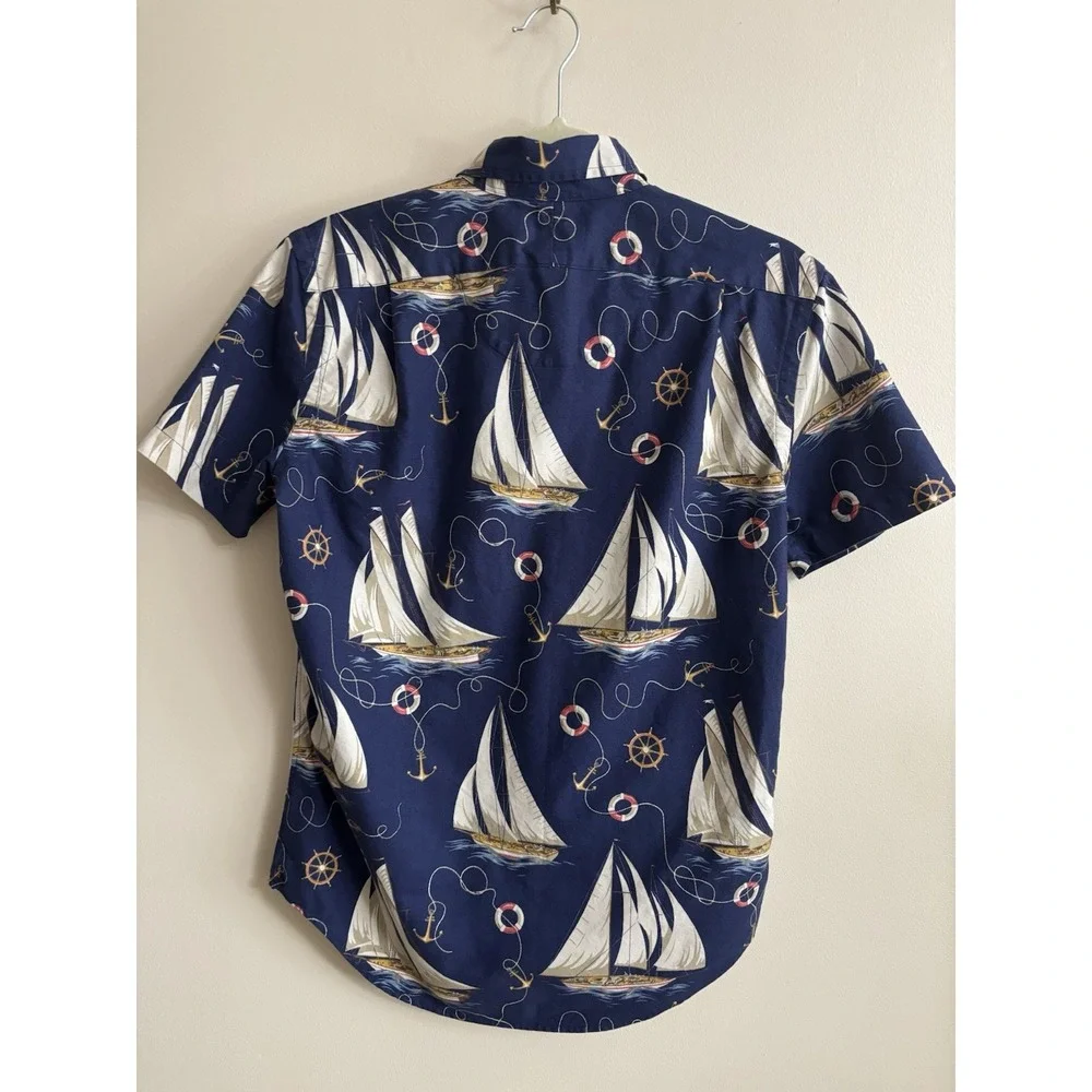 Polo Ralph Lauren Mens Classic Fit Nautical Sailboat Anchor Navy Camp Shirt XS